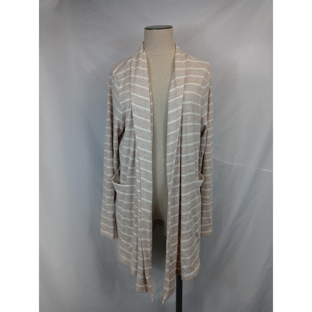 Croft & Barrow Open Front Cardigan L Beige Stripe Coastal Grandmother Pockets Sl